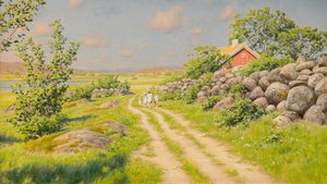 Paisaje de verano con niños caminando